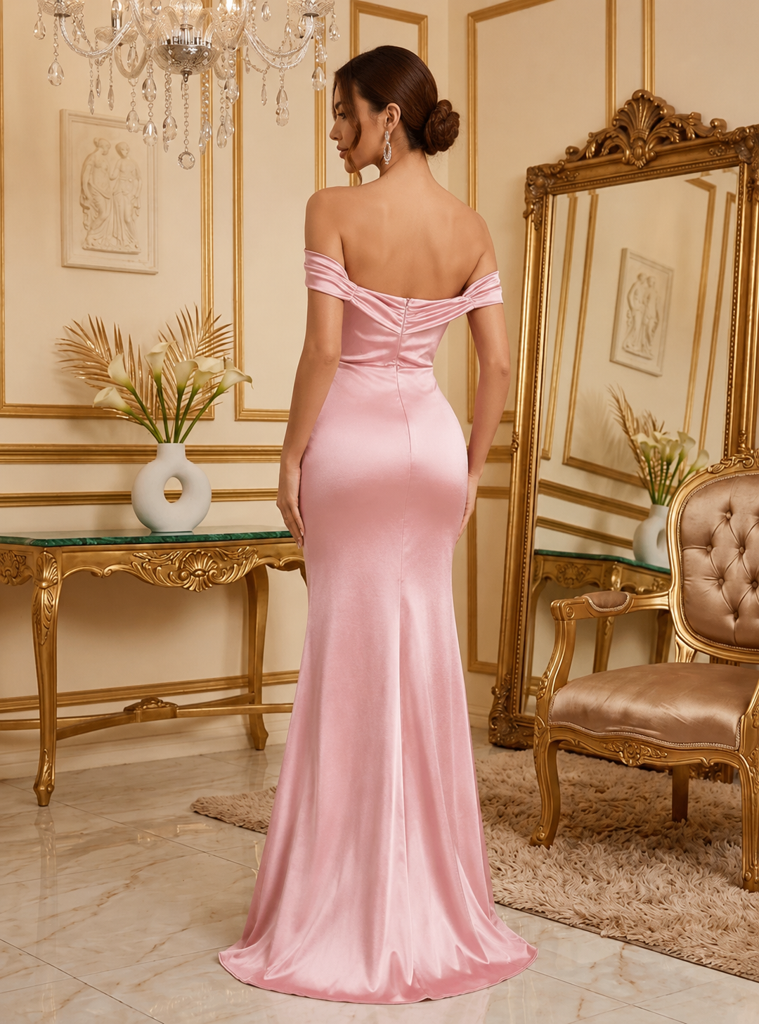 Pink Off-Shoulder Ruched Satin Élégance Gown - Image 2