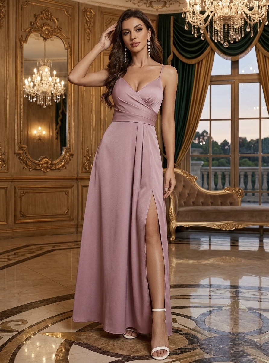 Soft Pink Lumière V-Slit Strap Gown